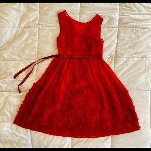 Anthropologie dress with rosettes and fitted tube underneath sheer material.